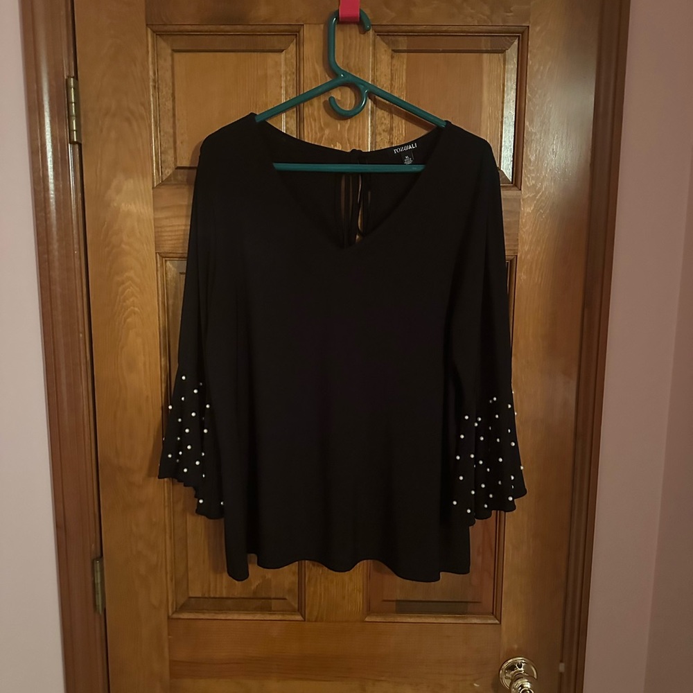 Roz & Ali Black Blouse with Pearl Bell Sleeves